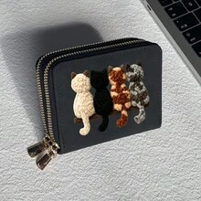 Cat Print Card Holder, Lightweight Fashionable Women's Wallet, Suitable For Daily Use, Double Zipper Mini Wallet/Coin Purse/Card Holder - Multicolor - View 19