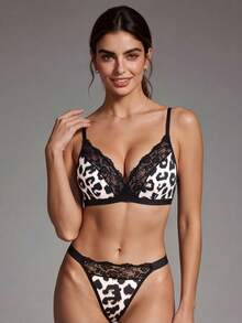 1 Set, 2pcs Women's Sexy Semi-Sheer Lace Patchwork Leopard Print Knit Fabric Wireless Triangle Cup Bra & Panty Set - Black - View 5