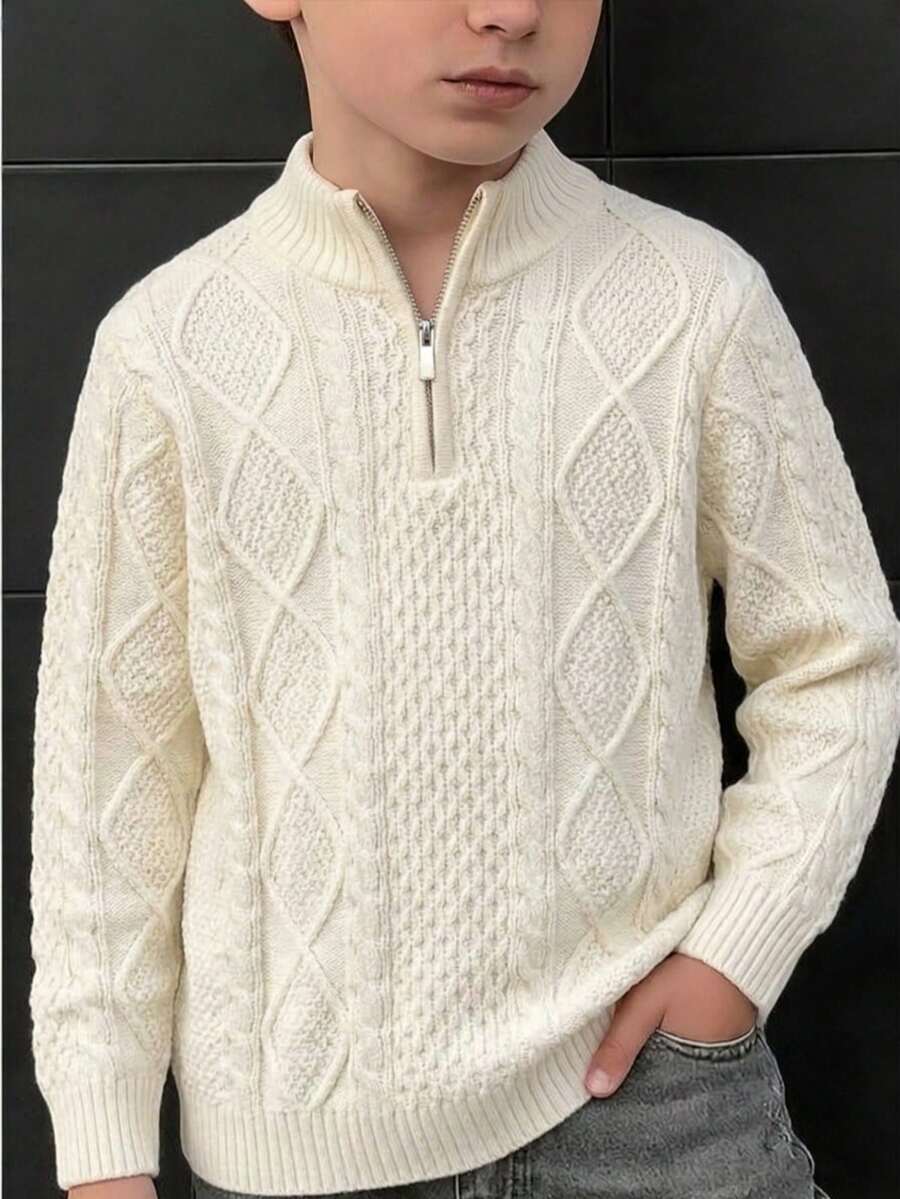 Boys' Preppy Solid Color Cable Knit Half-Zip Pullover Sweater, Suitable For Daily Wear, School, Spring, Autumn, Winter - Apricot - View 1
