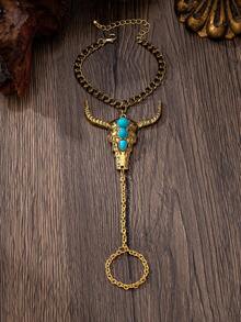 Western Cowboy Style Chain Bull Head Long Distance Couple Bracelet - Golden Yellow With 3 Turquoise - View 2