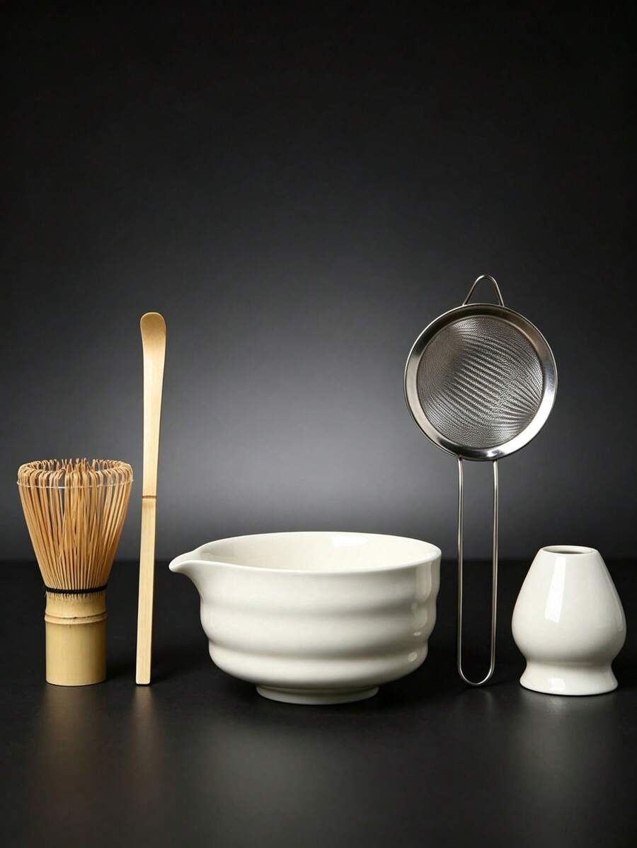 5pcs Matcha Whisk Set, Ceramic Matcha Set Includes White Matcha Bowl, Matcha Whisk (Chasen) And Holder, Tea Sifter, Bamboo Tea Scoop, Suitable For Matcha Lovers, Home Use