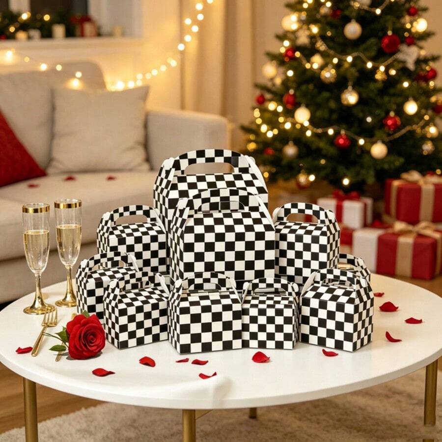 12/6pcs Black & White Checkerboard Pattern Gift Boxes / Party Favor Packaging Boxes / Birthday Wedding Christmas Gift Boxes / Checkerboard Gift Boxes / Paper Gift Boxes / Christmas Gift Boxes, Party Favor Boxes / Birthday Holiday Celebration Packaging Gift Boxes - Black and White Checkered Gift Box - View 1