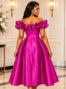 AOMEI Women's Princess Style Creamy Magenta Pleated Cold Shoulder 3D Ruffle A-Line Dress, Suitable For Birthday Parties And Proms - Hot Pink - View 4