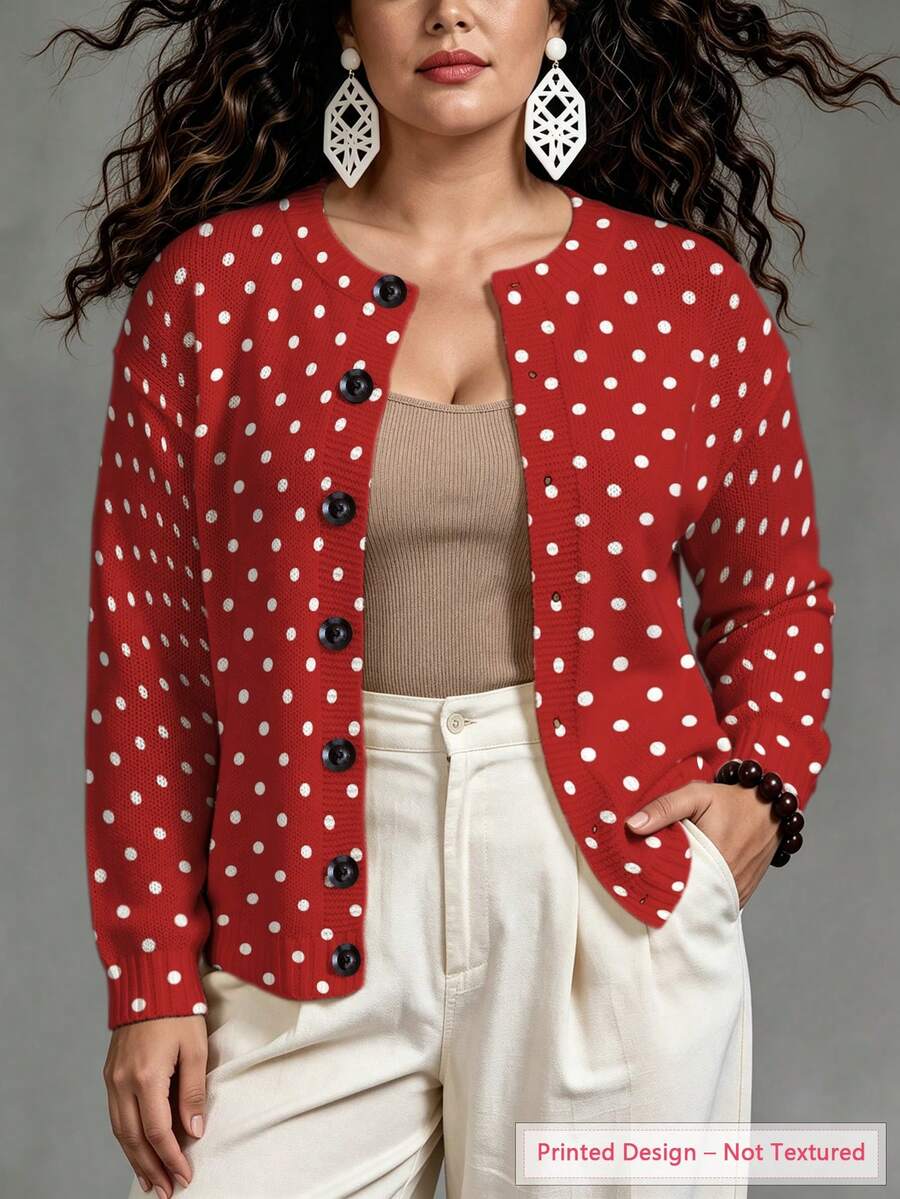 ASHKATIA Plus Size Women's Red Polka Dot Pattern Old Money Vintage Style Long Sleeve Cardigan Vacation - Multicolor - View 1