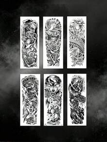 Full Arm Sleeve Temporary Tattoo Stickers, Gothic Black Sketch Compass Clock Rose Skull Wolf Pattern, Waterproof Disposable Fake Body Art Tattoos For Men Women, Lasts 2-5 Days For Party Vacation - Black - View 9