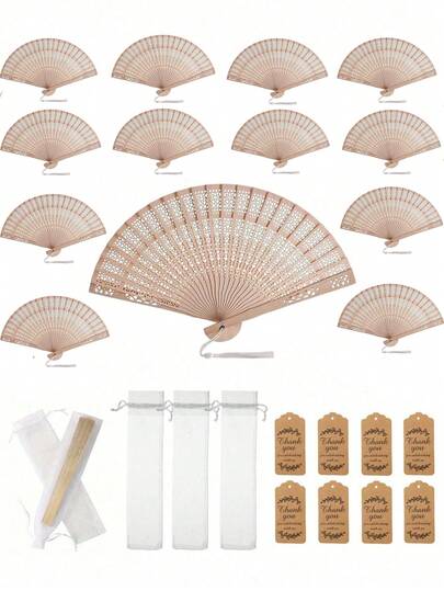 1pc Hollow Pure Wood Chinese Style Folding Fan, Wooden Hand Folding Fan, Wedding Handheld Fan Set, Includes Fan, Tag And Organza Bag, Carved Flower Pattern On Fan Surface, Best Gift For Birthday And Graduation, Suitable For Wedding, Bridal Shower Decoration, Proposal Party, Birthday Party And Party Favors, Halloween, Christmas, Valentine's Day