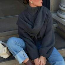 Women's Minimalist Solid Color Button Overcoat, Knitted Poncho With Open Front And Button Details, Long Sleeve Regular Fit, Suitable For Everyday Wear, Autumn/Winter - Black - View 3