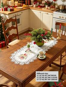 1pc 100% Polyester Christmas Table Runner With Lace Trim, Embroidered Red Candle, Bell And Holly Leaf Pattern, White Holiday Dining Table Decor, Suitable For Winter Party Home Decoration - White - View 8