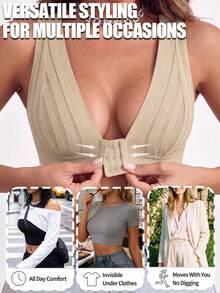 3 Pcs Striped Mesh Front Hook Wireless Bra, Deep V Wide Strap Comfort Push Up Soft Breathable Daily Lingerie Set,Size Runs Large - Multicolor - View 6