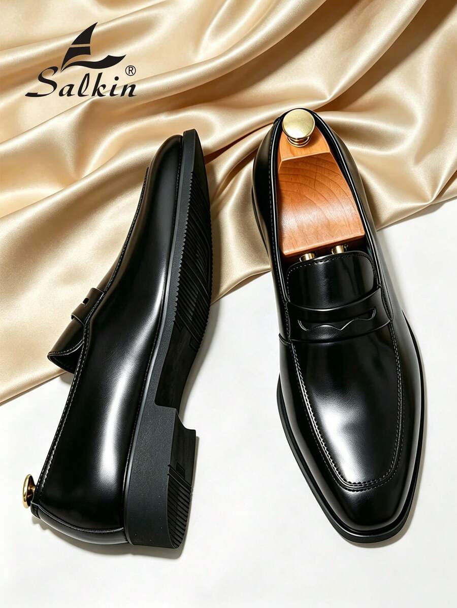 Salkin 男士奢華復古設計一腳蹬樂福鞋,優雅紳士社交皮革鞋,低調奢華黑色便士樂福鞋,男士日常休閒鞋,商務正裝鞋,西裝穿搭辦公室派對婚禮時尚新郎鞋晚宴約會假期禮物四季男鞋,請選擇大一號 - 黑色 - 查看 1