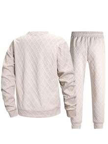 Men's Autumn/Winter Jacquard Crew Neck Sweatshirt And Pants Set - Khaki - View 4