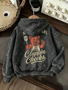 [Simple]Men's Retro Distressed Texture Washed Zip-Up Hooded Sweatshirt, Machine Washable Fabric, Printed Sweatshirt, Autumn/Winter Apparel - Black - View 2