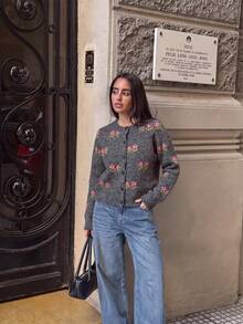 Women's Cute Floral Button Front Cardigan, Soft Fuzzy Short Sweater Suitable For Coffee Dates, Weekends And Christmas Outfits - Black - View 7