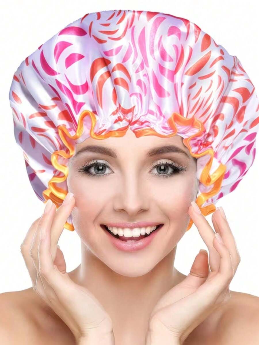 New Elastic Shower Cap: Double-Layered, Satin-Finish, Waterproof, And Oversized-Suitable For Long Hair And Deep Conditioning Treatments (PEVA Lining). - Multicolor - View 1