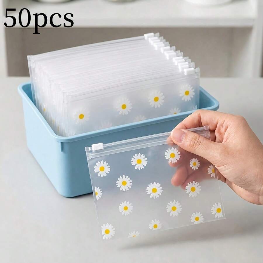 10/20/50/100pcs Daisy Print Frosted Plastic Zipper Bags, Reusable Transparent Self-Sealing Storage Bags For Cosmetics, Jewelry, Hair Accessories, Stationery, Crafts Organization - Multicolor - View 1