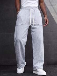 MAISONFOX Men's Light Gray Loose Drawstring Patchwork Pocket Sweatpants, Casual Street Style Joggers, Comfortable Daily Wear Bottoms - Light Grey - View 1