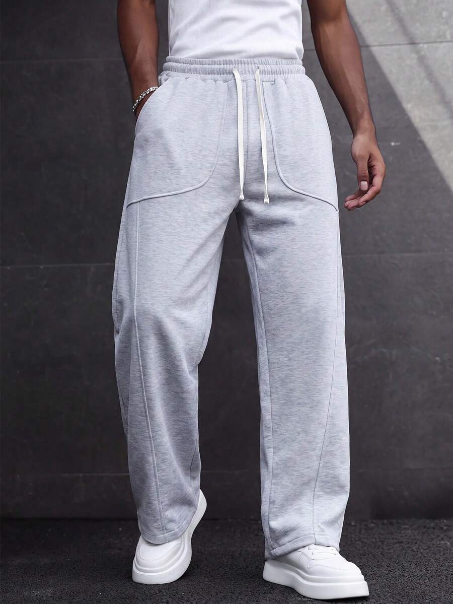 MAISONFOX Men's Light Gray Loose Drawstring Patchwork Pocket Sweatpants, Casual Street Style Joggers, Comfortable Daily Wear Bottoms - Light Grey - View 1
