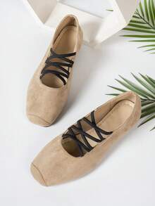Ladies' Cross Elastic Band Design Ballet Shoes, Fashionable And Simple Square Toe Flat Sole Shoes, Daily Lightweight And Versatile Casual Shoes - Khaki - View 5