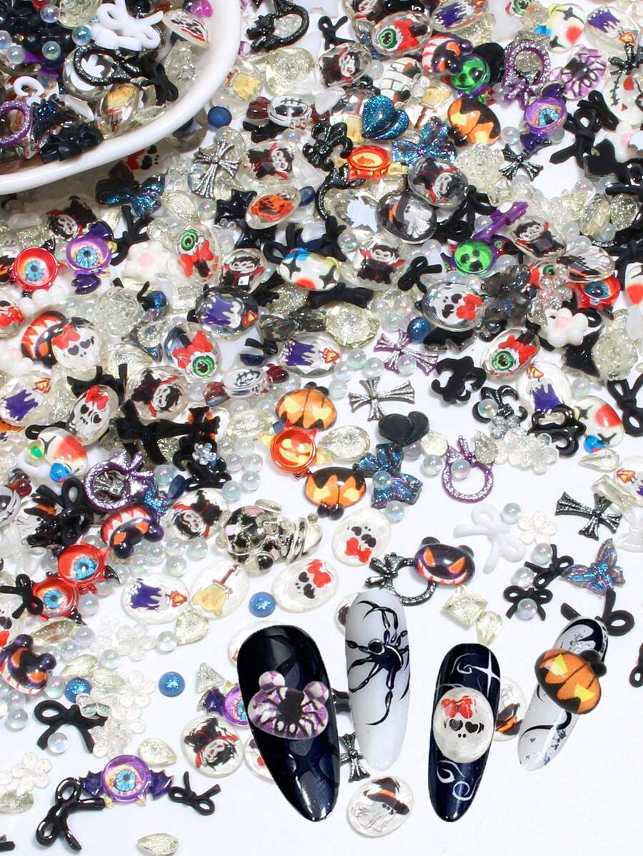 Halloween Autumn/Winter Mixed Nail Art Decorations, Black Cross Bat Vampire Nail Stickers With Rhinestones, Orange Pumpkin, Red Little Devil Flat Resin Rhinestones - Multicolor - View 1