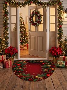 (Review Note: Velvet Material, 0.8mm Thickness, Dotted Bottom) 1pc Christmas Holly Leaf Pattern Floor Mat, Luxury Velvet Material, Soft And Comfortable, Non-Slip And Machine Washable, Suitable For Entrance, Hallway, Bathroom, Kitchen, Corridor Floor Mat, Door Mat, Halloween, Christmas Home Decor - A - View 1