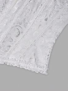 Yuwenier White Romantic Corset Top Jacquard Satin Bandeau Organza Ruffle Sleeves Lace Decor Strapless Top Halloween Stage Performance Costume - White - View 9