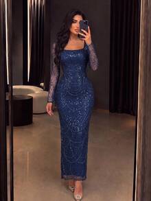 Women's Romantic Party Long Dress, Sparkling Sequin Decoration, Square Neck, Regular Long Sleeve, Suitable For Formal Occasions - Royal Blue - View 1