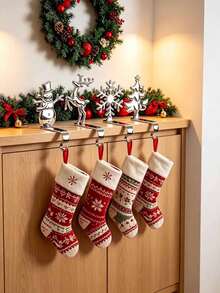 Christmas Stocking Hooks, Fireplace Hooks With Reindeer, Snowman, Tree And Snowflake Patterns, Christmas Fireplace Stocking Holder, Holiday Party Home Decor - Multicolor - View 8