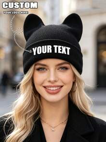 1 chiếc mũ len beanie tai mèo đan tùy chỉnh, mũ mùa đông in chữ cá nhân hóa, phong cách Hàn Quốc Y2K dễ thương, mũ ấm có gập vành - Nhiều màu - Xem 2