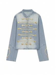 Fall Denim Jacket Women's Cropped Jean Jacket Long Sleeve Napoleon Jackets Coat Rope Buttons Napoleon Military Outerwears Woman Autumn Streetwear - Light Wash - View 5