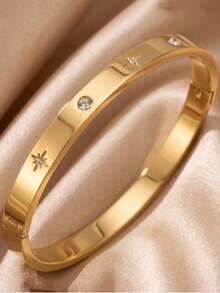 3/1pcsGold-Tone Stainless Steel Bangle, Matte Pearl, Rectangular Zirconia & Clover Embellishment, Elegant Statement Adornment - Gold - View 9