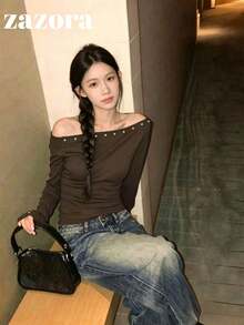 Rivet Asymmetrical Shoulder Loose Long Sleeve Knit T-Shirt Base Layer Top Early Autumn - Brown - View 6