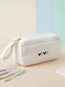 1pc Pink Love Print Corduroy Foldable Pencil Case With Side Pocket & Handle, Multi-Use Bag For School & Travel Essentials - Rose Red - View 7
