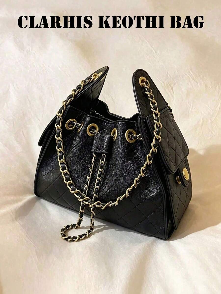 Shoulder Bag, Quilted Body Design, Leather Chain Strap, Adjustable Metal Hardware On Opening. Soft Body Contour, Generous Capacity, Exquisite Style, Versatile For Various Outfits, Perfect For Daily Use. - Black - View 1