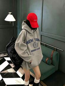 女款連帽衛衣，秋冬新款皇冠圖案與數字/字母印花，抽繩設計，附口袋，秋季休閒 - 深花灰 - 查看 1