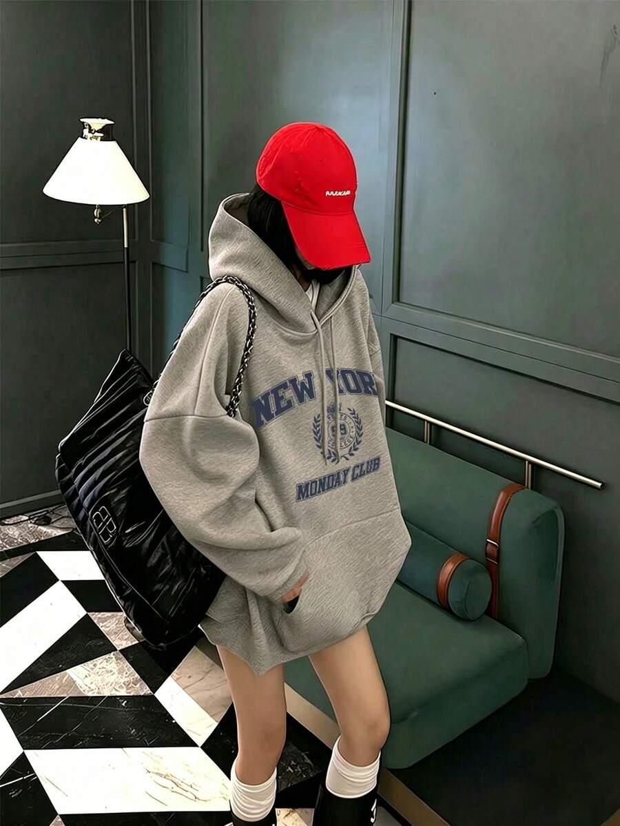 女款連帽衛衣,秋冬新款皇冠圖案與數字/字母印花,抽繩設計,附口袋,秋季休閒 - 深花灰 - 查看 1