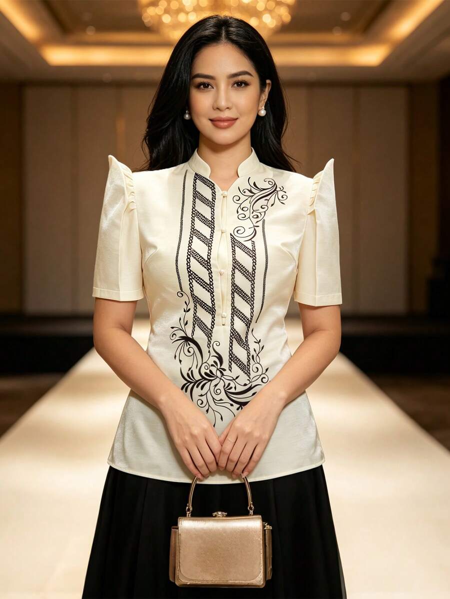 現代菲律賓傳統女式優雅泡泡袖上衣 - 杏色 - 查看 1