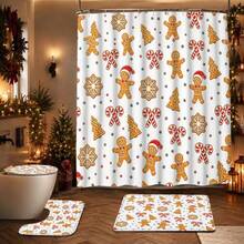 1/4 Piece Bathroom Curtain Set, Includes Non-Slip Rug, Toilet Lid Cover And Bath Mat, Christmas Gingerbread Man Candy Cane Snowflake Pattern Waterproof Shower Curtain, With 12 Hooks, Suitable For Bathroom, Size 70.8*70.8 Inches - A - View 21