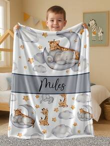 1pc Customized Name Baby Blanket, Personalized Infant Blanket, Cute Animal Pattern, Soft Flannel Throw, Nursery Decor, Baby Shower Gift - Multicolor - View 8