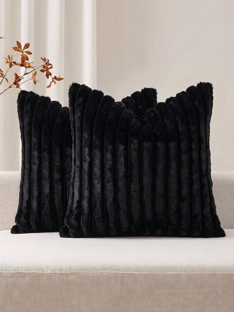 1/2pcs Black Faux Fur Comfortable Soft Striped Decorative Pillowcase, Plush Pillowcase Sofa Cushion Cover, Soft Comfortable Faux Rabbit Fur Fabric, Modern Decorative Sofa, Home Bedroom, Dorm Use
