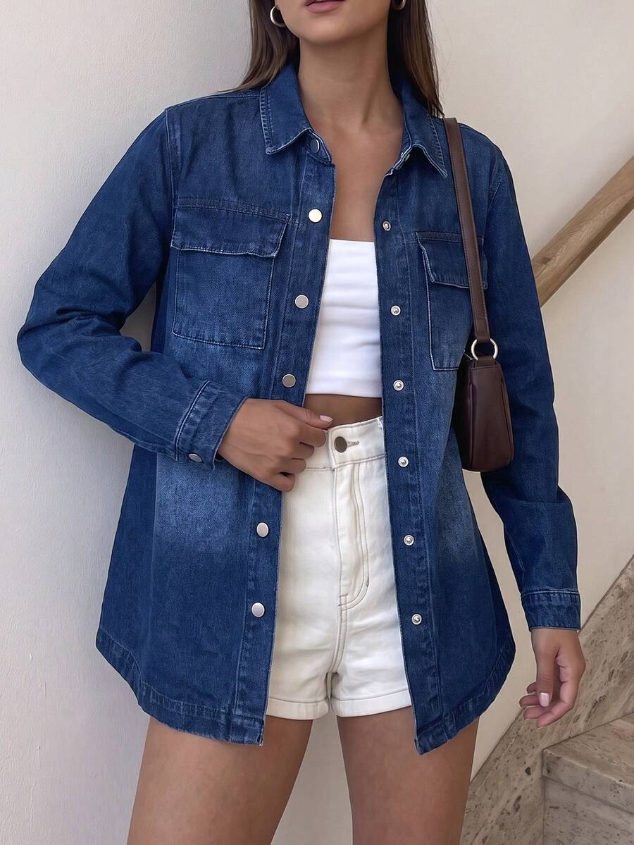 Women's Single-Breasted Utility Pocket Casual Elegant Long Sleeve Denim Jacket - Dark Wash - View 1