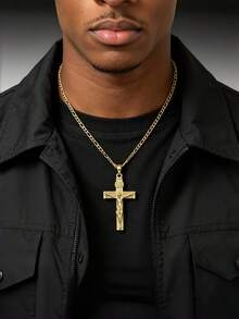 1pc Men's Minimalist Jesus Crucifix Necklace With Religious Elements, Exquisite Men's Accessory, Daily Wear Jewelry - Yellow Gold - View 1