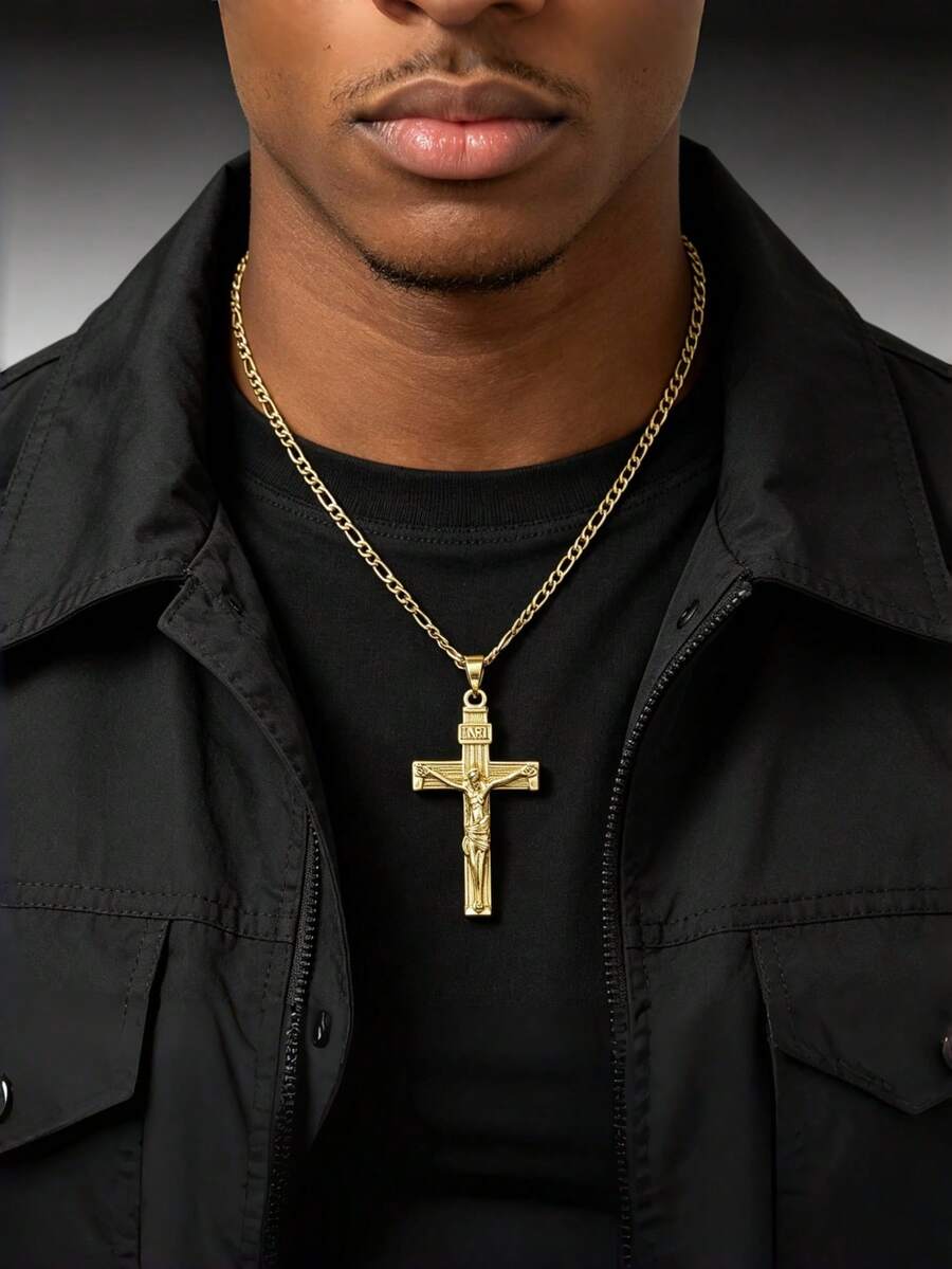 1pc Men's Minimalist Jesus Crucifix Necklace With Religious Elements, Exquisite Men's Accessory, Daily Wear Jewelry - Yellow Gold - View 1