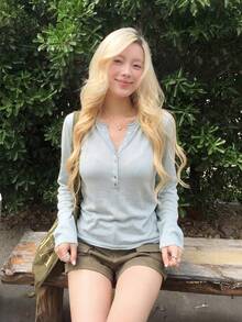 Minimalist Drape Half-Button V-Neck Thin Long Sleeve Knit Sweater - Mint Blue - View 2