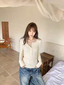Women's New Long Sleeve Striped T-Shirt Inner Layer, Slim Fit, Unique Design Top - Apricot - View 2