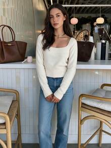 QUNGIGU Women Square Neck Sweater Ribbed Hem Basic Casual Knit Top For Fall Winter Daily Commuting Going Out Dating - White - View 4
