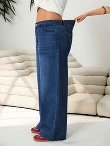 Plus Size Straight Leg Wide Leg Women's Jeans, Solid Color Denim Fabric Washed Denim Straight Leg Wide Leg Jeans, Suitable For Daily, Holiday, College, All Seasons - Blue - View 4