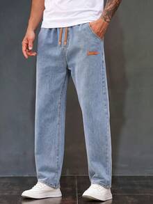 Men's Slant Pocket Drawstring Elastic Waist Washed Denim Jeans - Light Wash - View 2