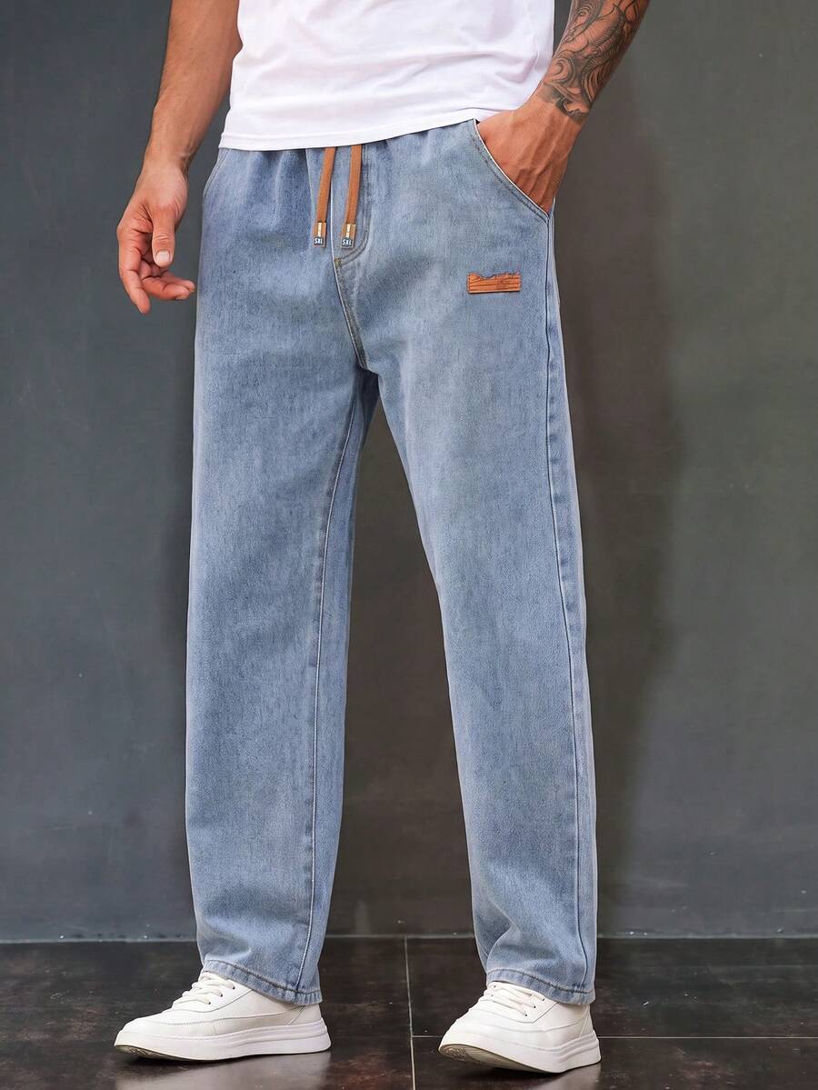 Men's Slant Pocket Drawstring Elastic Waist Washed Denim Jeans - Light Wash - View 1