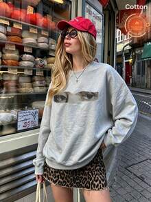 Warm Fleece-Lined Grey Oversized Crewneck Women's Graphic Sweatshirt, Long Sleeve Top For Cold Weather,Fashionable Y2K Street Style,Eye Print - Gray - View 10