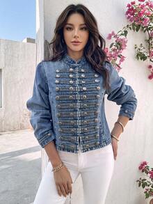 Women's Casual Vintage Mid-Blue Washed Multi-Pocket Button-Up Denim Jacket - Medium Wash - View 5
